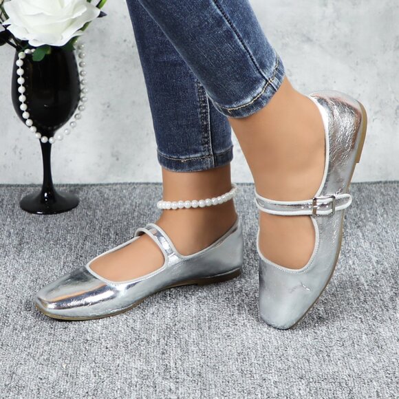 Silver Cushioned Insole Classic Mary Jane Ballet Flat Adjustable Ankle Strap - Picture 2 of 11